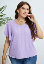 Summer Purple Round Neck Ruffle Sleeve Plus Size Women's Top