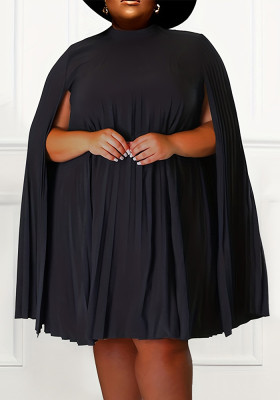 Plus Size Women's Solid Cape Sleeves Chiffon Pleated Dress
