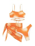 Straps Low Back Tie Dye Two Pieces Bikini Mesh Cover Up Female Three-Piece Swimwear