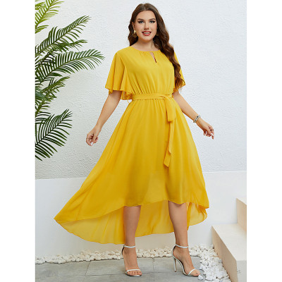 Summer Yellow Hollow Out Belted Plus Size Casual Midi Dress For Women