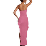 Women's Strapless Ruffled Tassel Slit Chic Dress