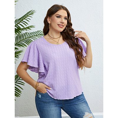 Summer Purple Round Neck Ruffle Sleeve Plus Size Women's Top