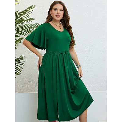 Women's Summer Green Round Neck Slim Waist Plus Size A-Line Dress
