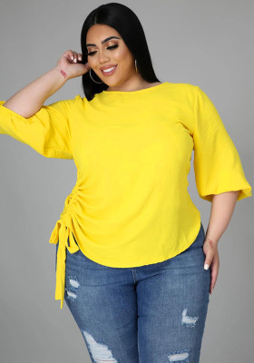 Summer Solid Color Round Neck Ladies T-Shirt Plus Size Irregular Long Sleeve Top