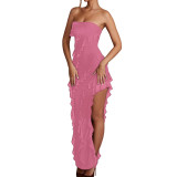 Women's Strapless Ruffled Tassel Slit Chic Dress