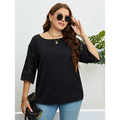 Summer Plus Size Women Black Round Neck Lace Sleeve Loose Top