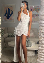 Sexy Solid Color Halter Asymmetrical Dress Female