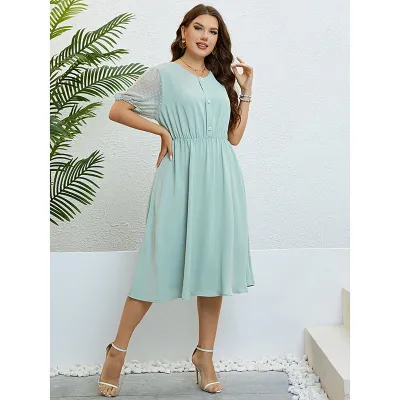 Summer Light Green Round Neck Slim Waist Casual Midi Dress