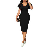 Sexy fashion solid color white collar v-neck women's short-sleeved dress