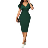 Sexy fashion solid color white collar v-neck women's short-sleeved dress