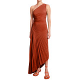 Women's One Shoulder Slash Shoulder Pleated Cutout Dress (Satin)