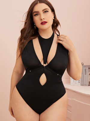 Plus Size Black Hollow Out Teddy Lingerie