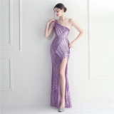 Positioning Flower Slash Shoulder Neck Slit Evening Celebration Sexy Sequin Long Evening Dress