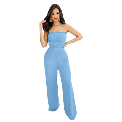 Lace-Up Trendy Wrapped Bust Sexy Low Back Elastic Waist Loose Straight Jumpsuit
