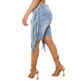 Summer Denim Stretch Pants Tassel Denim Stretch Knee-Length Shorts