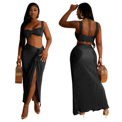 Pleated Sexy Low Back Camisole Top Split Pleated Skirt Set