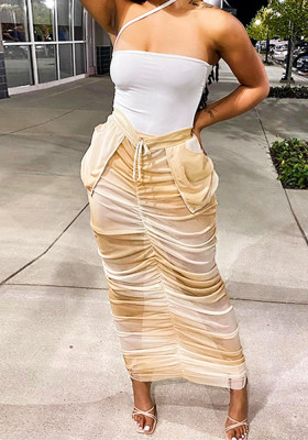 Women's Summer Solid Color Casual Drawstring Pleated Pocket Mesh Slim Maxi Skirt