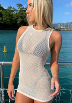Sexy Sleeveless Cutout Mesh See-Through Dress Short Beach Tank Top
