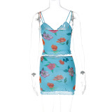 Women's summer mesh print v-neck camisole skirt two-piece set