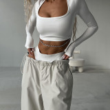 High Waist Drawstring Straight Simple Cargo Pants Summer Street Fashion Solid Color Casual Pants