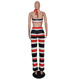 Women Striped Colorblock Halter Neck Print Jumpsuit