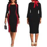 Women Sexy Color Contrasting Slit Long Sleeve Midi Dress