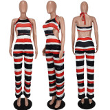 Women Striped Colorblock Halter Neck Print Jumpsuit