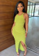 Women Summer Solid Sleeveless Round Neck Slit Bodycon Dress