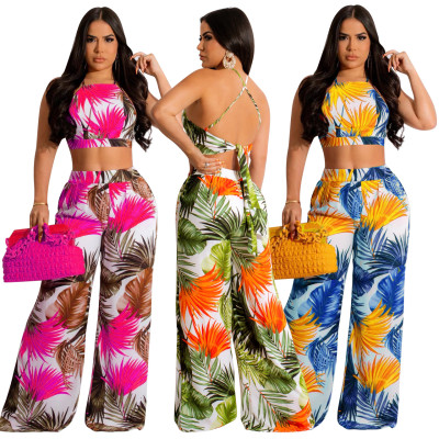 Women Sexy Print Lace-Up Crop Top and Pant Two-Piece Set