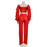 Women Solid Crinkled Long Sleeve Crop Top and Pants Two-Piece Set