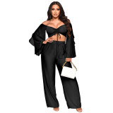 Women Solid Crinkled Long Sleeve Crop Top and Pants Two-Piece Set