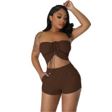 Women Sexy Off Shoulder Drawstring Crop Top and Shorts Two-Piece Set
