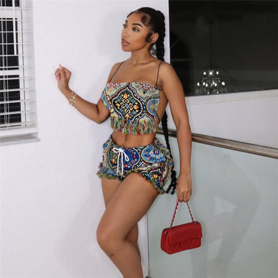 Summer Women Sexy Embroidered Tassel Crop Top And Shorts Two-Piece Set