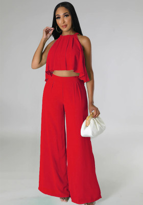 Women Sexy Sleeveless Crop Top and Pants Two-Piece Set