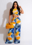 Women Sexy Print Lace-Up Crop Top and Pant Two-Piece Set