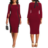 Women Sexy Color Contrasting Slit Long Sleeve Midi Dress