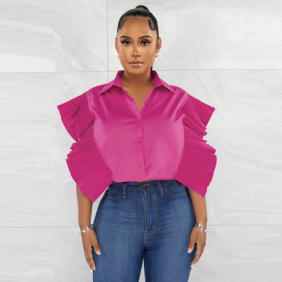 Women Solid Turndown Collar Ruffle Sleeve Shirt