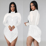Women's Fashion Solid Color Mesh Beaded Long Sleeve Dress