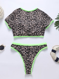 Neon Green Stripe Leopard Dot Short Sleeve Bikini Sexy Two Pieces Swimsuit