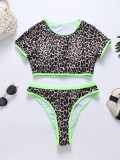 Neon Green Stripe Leopard Dot Short Sleeve Bikini Sexy Two Pieces Swimsuit