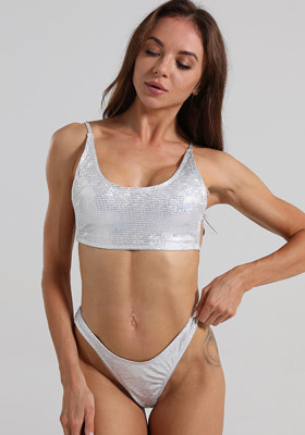 Two Pieces Bikini White Gradient Drawstring Tank Swimsuit