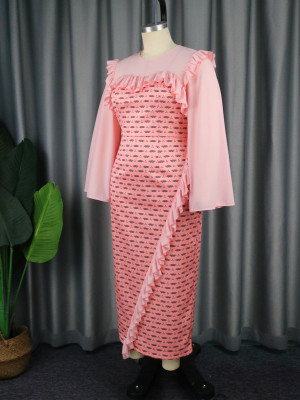 Fashion Ruffle Print Long Sleeve Midi Casual Dress