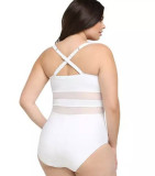 Plus Size One Piece Swimsuit Solid Color Mesh Patchwork Low Back Swimwear
