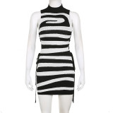 Summer Women's Striped Irregular Color Contrast High Neck Slim Fit Sleeveless Dress