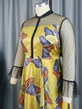 Fashion Mesh Patchwork Retro Print Loose Waist Bow Tie A-Line Dress