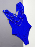 One-Piece Swimsuit Ladies Ruffled V-Neck Solid Color One-Piece Swimsuit