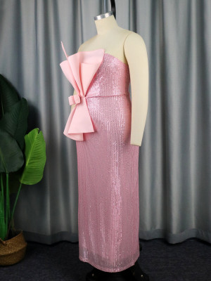 Plus Size Elegant Bow Strapless Sequins Party Dress