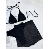 Low Back Drawstring Lace-Up Bikini Three-Piece Swimwear