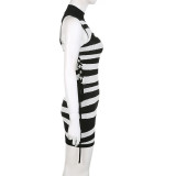 Summer Women's Striped Irregular Color Contrast High Neck Slim Fit Sleeveless Dress