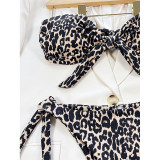 Swimsuit Two Pieces Lace-Up Strapless Leopard Push Up Women's Swimwear Bikini Set